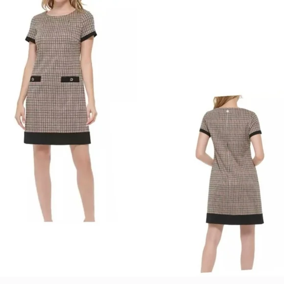 EUC Tommy Hilfiger Houndstooth Elegant Black and Tan Checkered Dress - Picture 2 of 4